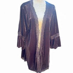 Easel Brown Velvet Lace-Trim Cardigan • Oversized Boho Kimono • Size M